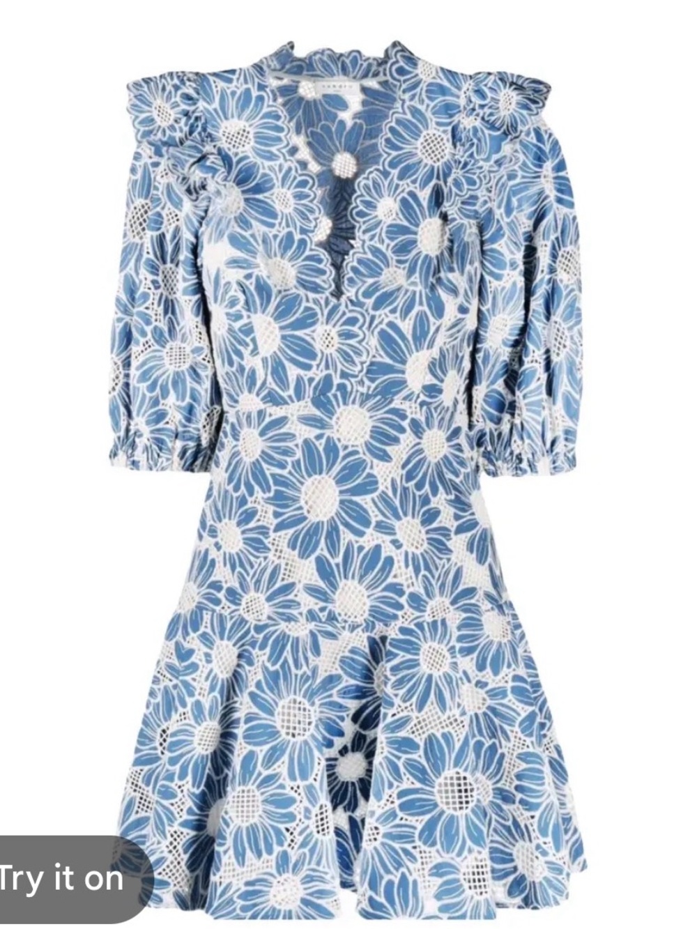 Sandro Blue and White Floral Lace Mini Dress - Like New